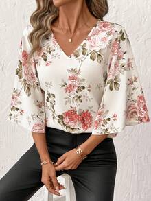 SHEIN Clasi 女士优雅通勤印花喇叭袖衬衫 - 杏色 - 查看 3