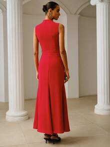 ZEYLAH Elegant Sleeveless Waist Cinched Dress, Spring/Summer - Red - View 3