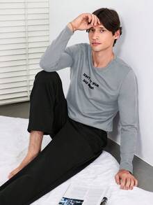 SHEIN Cottnline Men Slogan Graphic PJ Set - Multicolor - View 1