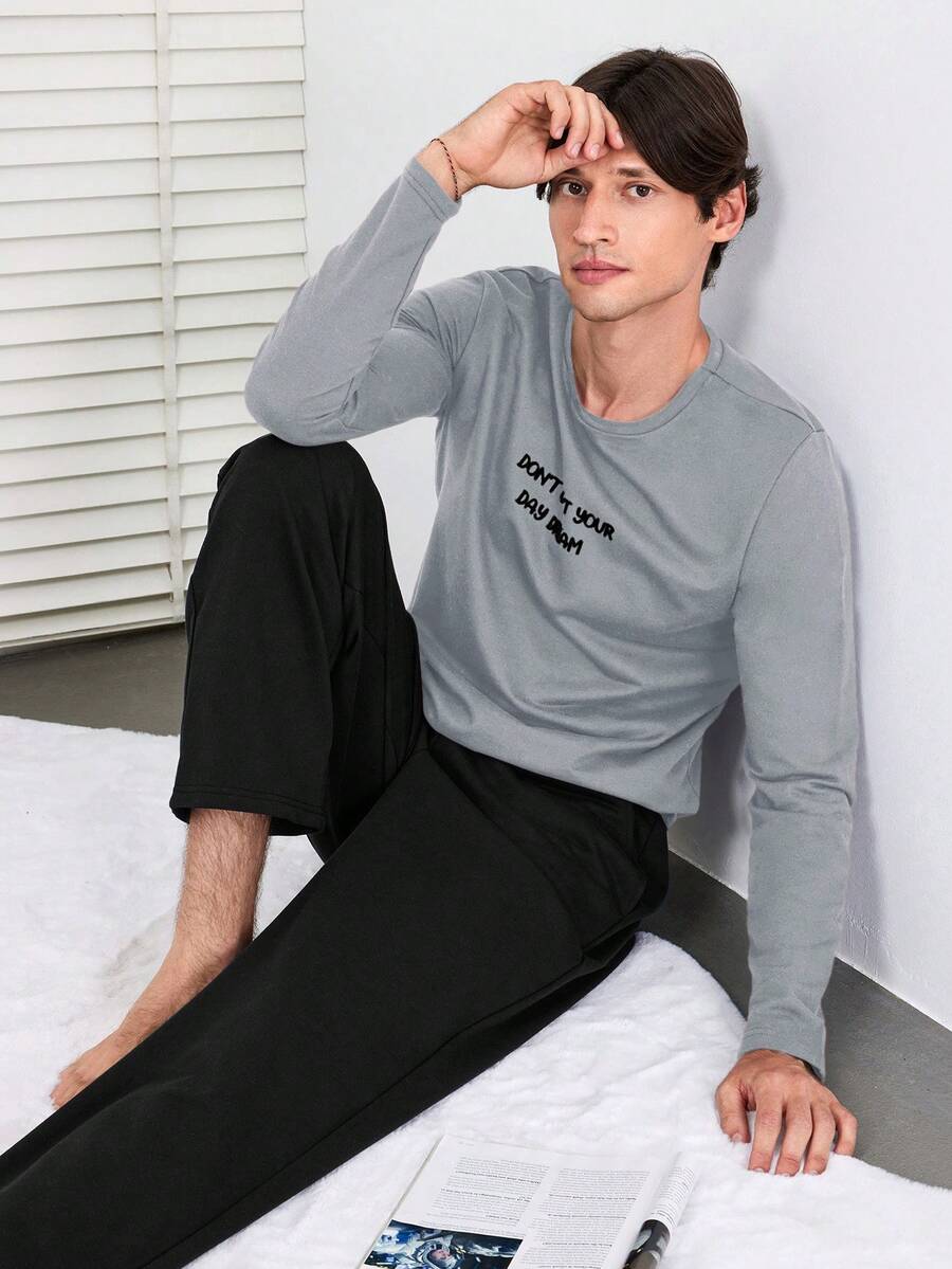 SHEIN Cottnline Men Slogan Graphic PJ Set - Multicolor - View 1