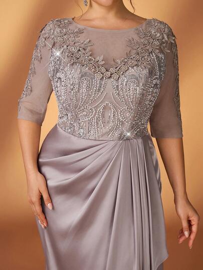 Serin 大码优雅奢华香槟色亮片刺绣缎面拼接半袖不对称荷叶边修身鱼尾礼服，适合所有正式场合，新娘母亲礼服