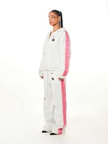 SUMWON WOMEN Women's Pin Badge Detail Full Zip Hoodie With Pink Contrast Stripe Sleeves And Drawstring Hood Casual Sweatshirt - Grey - View 5