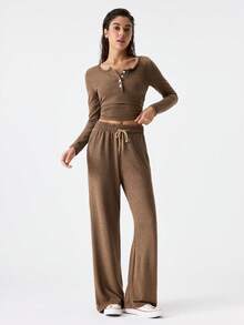 Loungeista 2pcs Set Women Long Sleeve Solid Color Tight Fitting Top And Pants Set, Spring/Autumn/Winterfor Summer - View 1
