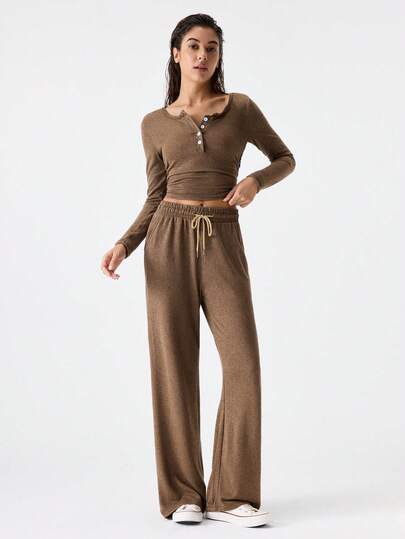 2pcs Set Women Long Sleeve Solid Color Tight Fitting Top And Pants Set, Spring/Autumn/Winter