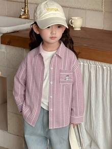 Dazy Kids Áo sơ mi dài tay cổ kẻ caro in hình hoạt hình dành cho bé gái, kiểu dáng thường ngày, đa năng, thích hợp mặc hàng ngày. - Hồng - Xem 3