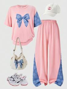 2pcs/Set Tween Girls Pink Summer Cute School Casual Short Sleeve T-Shirt And Sports Pants Set,Patchwork Jacquard Fabric With Laser Heat Transfer Bow - Pink - View 1