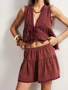 Bohemela Bộ đồ nữ thường ngày gồm áo hai dây màu trơn dệt kim, kiểu dáng hở phía trước và quần short rộng viền ren, thích hợp cho kỳ nghỉ hè, đi biển, đi chơi, bộ đồ thường ngày cho nữ. - Bụi hồng - Xem 3