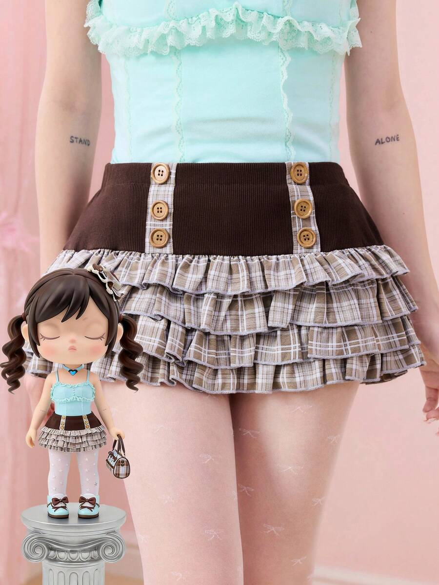 ROMWE Kawaii 可爱学院风撞色格纹迷你裙女款 - 彩色 - 查看 1