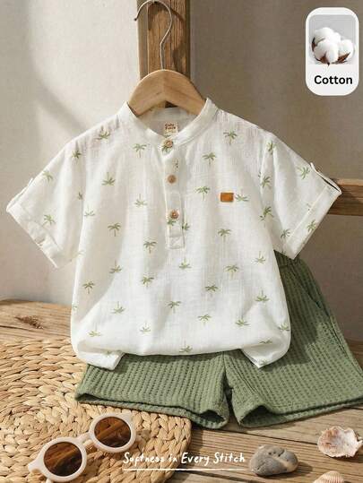 Cozy Pixies 2pcs/Set Young Boy Plant & Floral Print Round Neck Short Sleeve Half-Zip Pullover Top And Elastic Waist Shorts