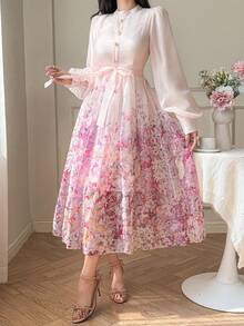 Women's Elegant Floral Print Stand Collar Petal Sleeve Belted Mid-Length Dress, Spring & Summer - Pink - View 5