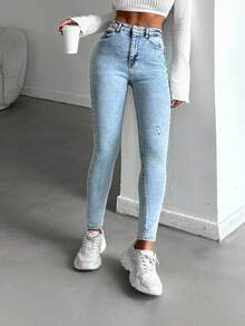 SHEIN Quần jean skinny cạp cao màu xanh tuyết dành cho người nhỏ nhắn - Rửa nhẹ - Xem 5