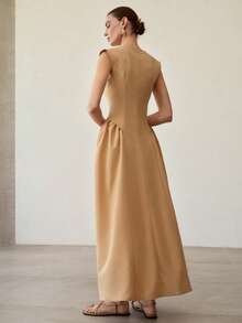 MOTF PREMIUM Vestido casual minimalista sin mangas con escote en V y cintura ceñida con patchwork - Marrón - Ver 3