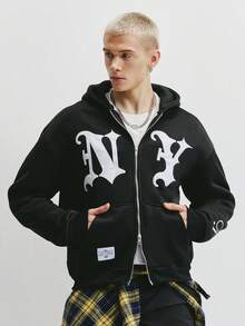 TOKVUE 男士街头风热销INS字母亮面刺绣休闲街头服饰，男友/老公礼物，周年纪念礼物，黑色卫衣 - 黑色 - 查看 1