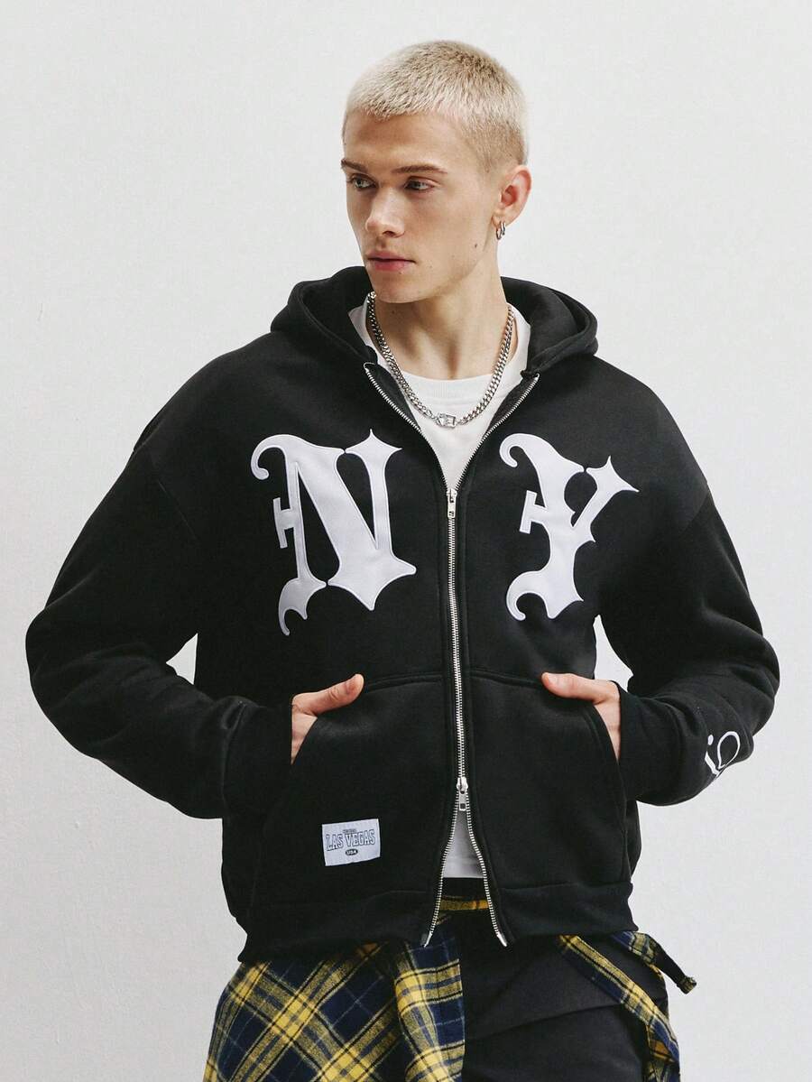 TOKVUE 男士街头风热销INS字母亮面刺绣休闲街头服饰，男友/老公礼物，周年纪念礼物，黑色卫衣 - 黑色 - 查看 1