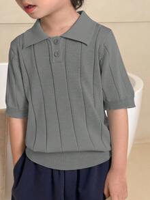 Dazy Kids Atasan Rajut Lengan Pendek Polo Warna Polos untuk Anak Laki-Laki, Kancing Setengah Plaket, Kasual Serbaguna untuk Pemakaian Sehari-hari - Dark Grey - View 3