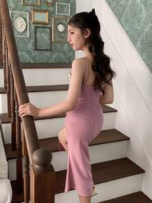DAZY 少女撞色褶皱开衩设计时尚派对吊带裙度假装 - 粉色 - 查看 6