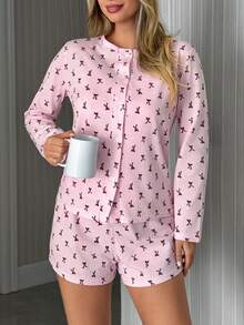 EURMUSE Conjunto de 3 piezas de mujer 100% algodón con cárdigan, pantalón corto y camiseta con estampado lindo para estar en casa - Blanco y Negro - Ver 6