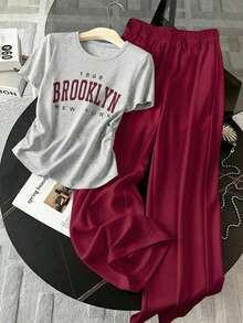 Teenage Girls' Casual Graduation Back-To-School Summer Set,Pleated Waist Short Sleeve Letter T-Shirt & Loose Wide Leg Sweatpants Sports Daily Wear - Multicolor - View 3