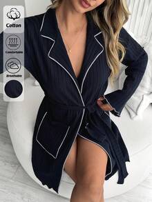 SHEIN Women Cotton Rib Knit With Contrast Colour Piping Wiht Pocket Detail Belted Homewear Long Sleeved & Long Homewear Lounge Robe - Navy Blue - View 4