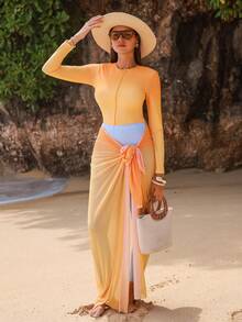 Swim Shayni Bộ đồ liền thân dài tay cổ tròn, khóa kéo nửa thân màu ombre cam-vàng-xanh dương dành cho nữ, gồm quần dài và chân váy màu xanh dương, kiểu burkini. - Nhiều màu - Xem 1