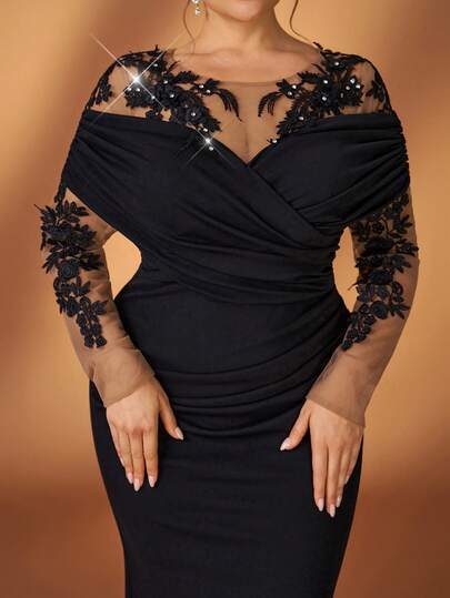 Serin Plus Size Elegant Luxurious Black Applique Pleated Ruffle Sleeve Fitted Mermaid Hem Dress, Suitable For Evening Party, Gala, Wedding, Bridal Mother Dress