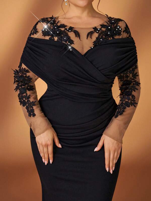 Serin Vestido elegante y lujoso de talla grande con aplicaciones negras, mangas con volantes plisados, ajustado con bajo de sirena, adecuado para fiestas de noche, galas, bodas, vestido de madre de la novia