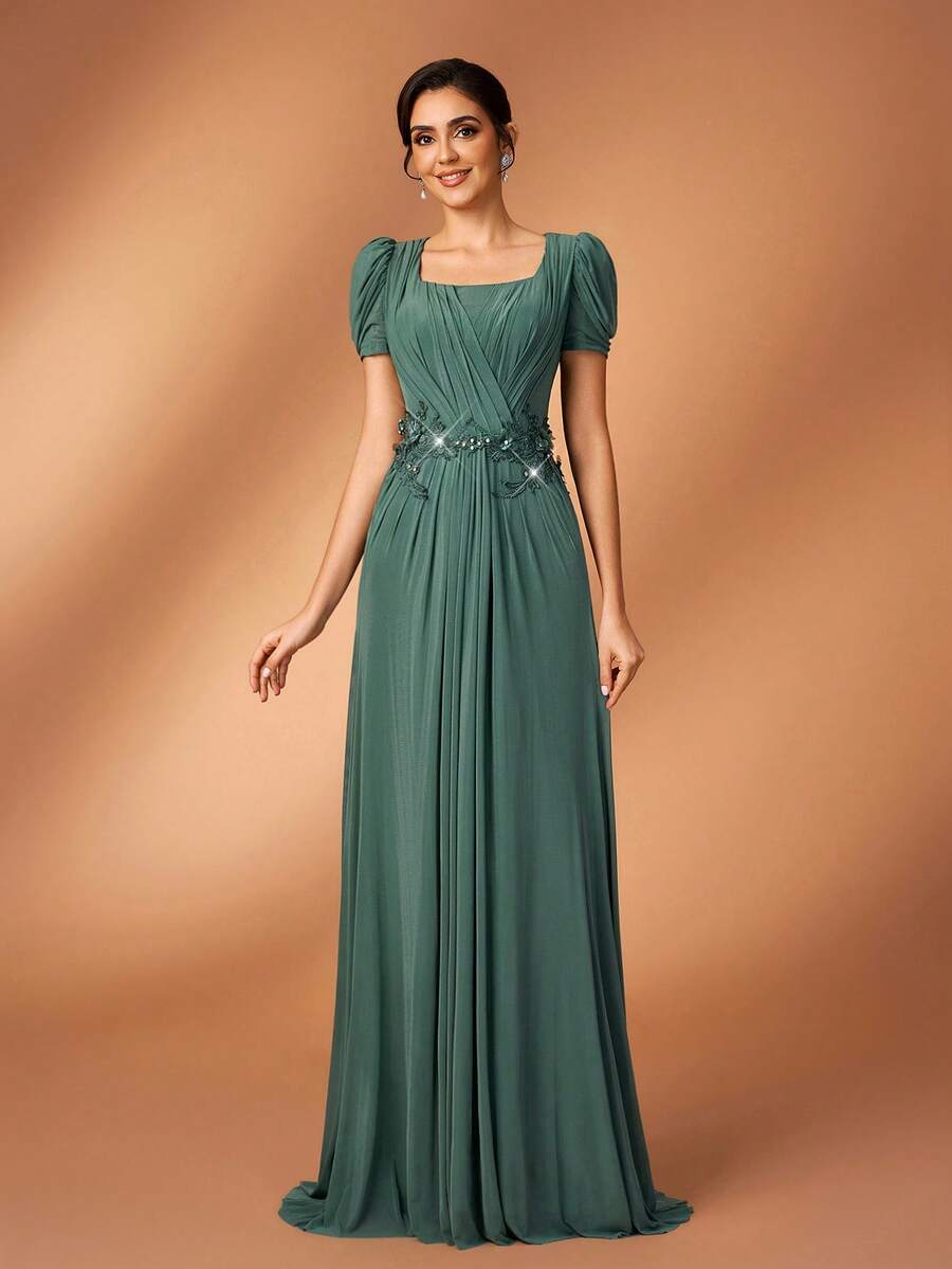 Serin Đầm maxi sang trọng, thanh lịch với chất liệu ren đính cườm và họa tiết ghép mảnh, tay áo xếp ly, chất liệu dệt kim co giãn, thích hợp cho đám cưới, tiệc tùng, lễ hội, cô dâu, hoặc váy dạ hội dành cho mẹ cô dâu. - màu xanh lá - Xem 1