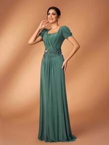 Serin Đầm maxi sang trọng, thanh lịch với chất liệu ren đính cườm và họa tiết ghép mảnh, tay áo xếp ly, chất liệu dệt kim co giãn, thích hợp cho đám cưới, tiệc tùng, lễ hội, cô dâu, hoặc váy dạ hội dành cho mẹ cô dâu. - màu xanh lá - Xem 4