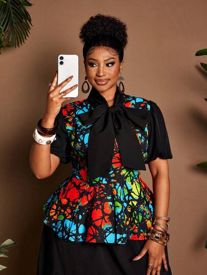 Maweii Blusa de manga corta con cuello de lazo, cintura con volantes y estampado digital y unicolor, adecuada para reuniones con hermanas, uso diario y commuting, talla grande