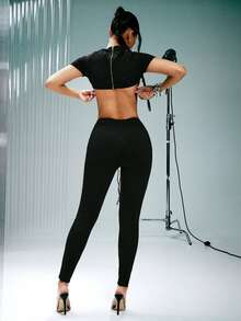 Denimoi Sexy Lace Up High Rise Skinny Leg Pants Sexy Outfits Clubwear Concert Outfits - Black - View 5