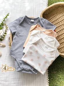 SHEIN Vintaside Kids 4pcs/Set Baby Boy/Girl Cute Knitted Elastic Striped Short Sleeve Rompers, Basic Bodysuit Multi-Pack, Spring/Summer - Multicolor - View 3