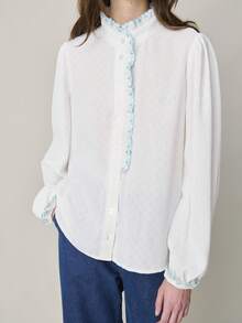 Nöista White Blouse, Long Puffed Sleeves, And Button-Down Front. Blue Ruffled Trim On The Collar, Front Placket, And Cuffs. Spring, Summer Women. - White - View 4