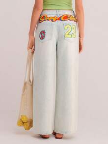 Athîral Jeans de pierna ancha versátiles y casuales con bolsillo, botón, gráfico de letras y números, para uso diario - Azul - Ver 3