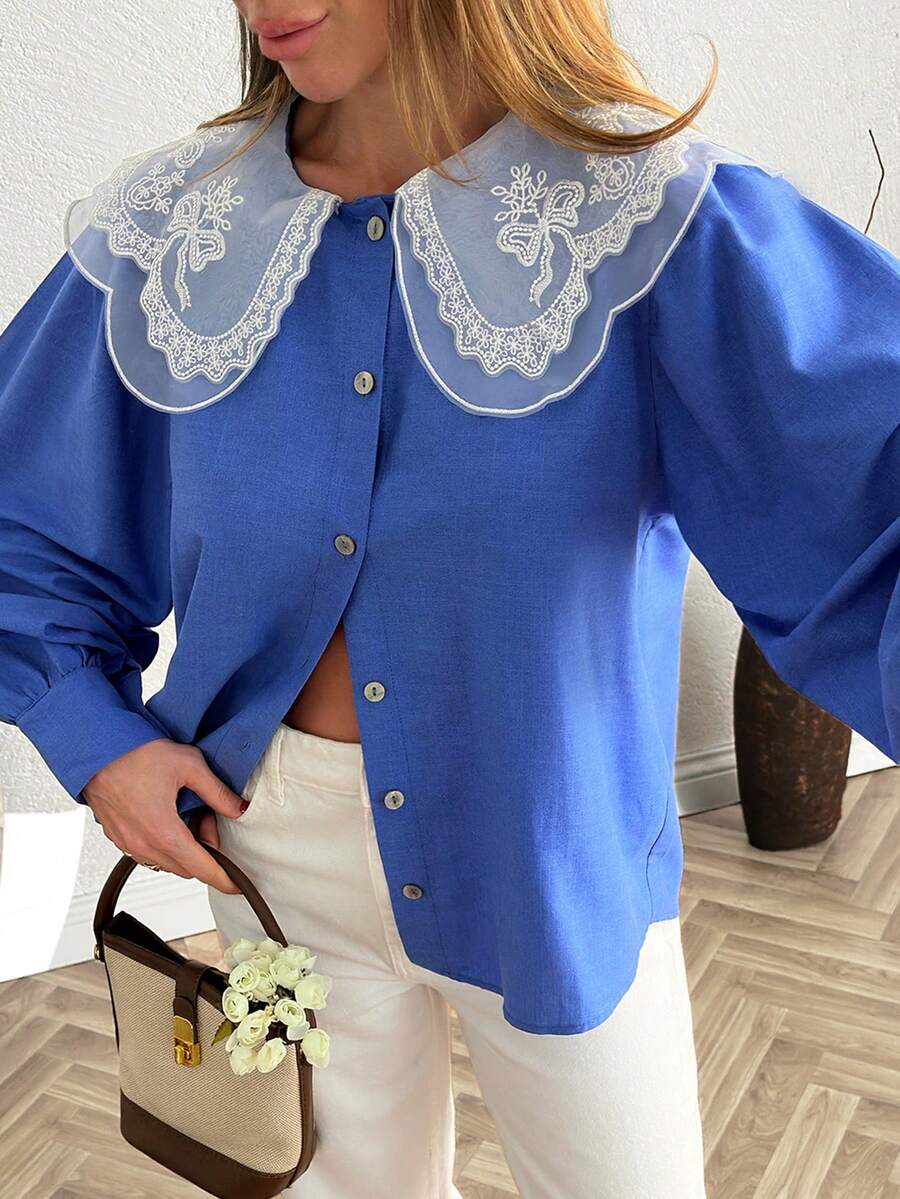 Áo kiểu nữ thanh lịch với cổ áo Peter Pan thêu độc đáo, áo tay dài kiểu dáng thường ngày - Màu xanh lam - Xem 1