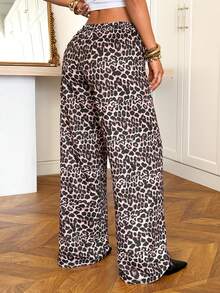 SHEIN EZwear Women's Leopard Print Drawstring Waist Loose Sweatpants - Multicolor - View 2