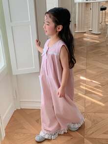 Dazy Kids Mono holgado de pierna ancha sin mangas con decoración de lazo y botones de media cartera para niña en verano - Rosa - Ver 1