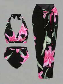 Swim Oasis 大码女式三件套性感吊带随机数码印花沙滩/泳池休闲优雅泳装套装 - 彩色 - 查看 1