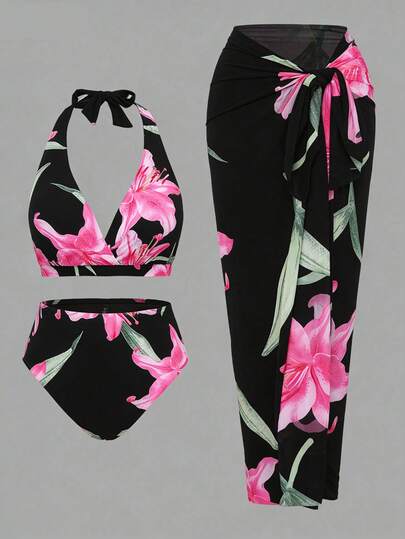 Swim Oasis Plus Size Women 3-Piece Sexy Halter Random Digital Print Beach/Pool Casual Elegant Swimsuit Set