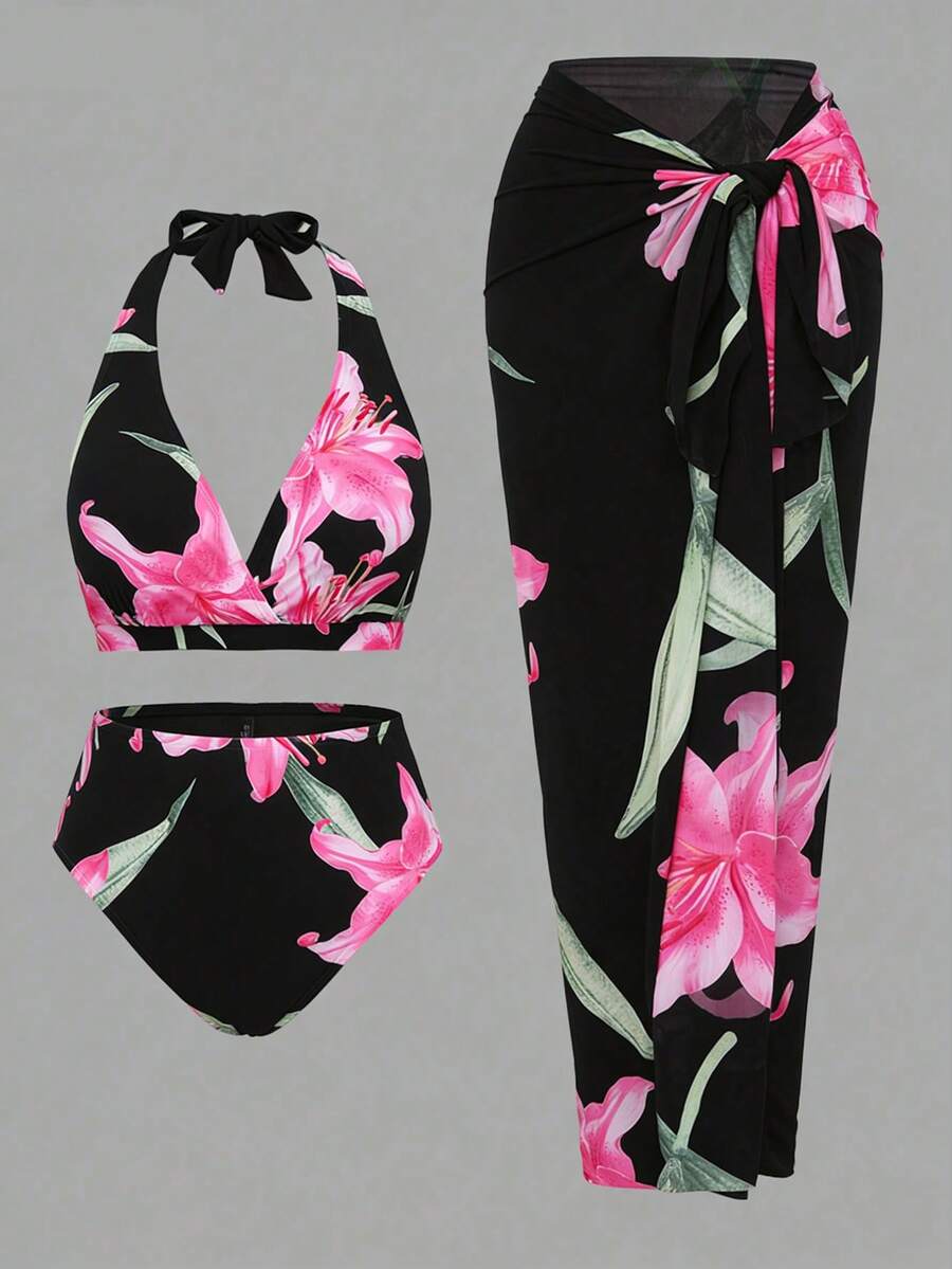 Swim Oasis 大码女式三件套性感吊带随机数码印花沙滩/泳池休闲优雅泳装套装 - 彩色 - 查看 1
