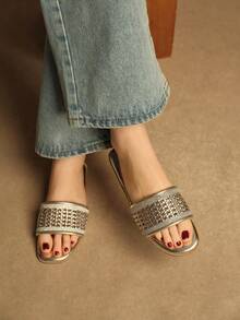 Rosivie Women's Rhinestone Hollow Strap Casual Comfortable Flat Sandals, Square Toe Design For Commuting - Champagne - View 4