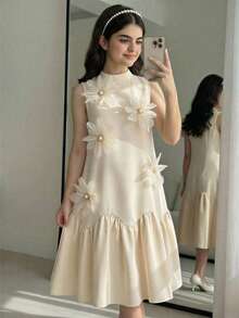 Đầm chữ A không tay, xếp ly, eo thấp, họa tiết hoa thanh lịch dành cho bé gái, thích hợp cho các dịp trang trọng và tiệc tùng, mùa xuân/hè. - Màu be - Xem 1