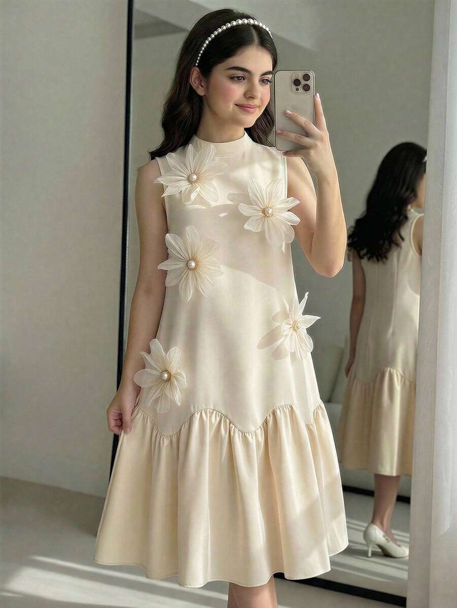 Đầm chữ A không tay, xếp ly, eo thấp, họa tiết hoa thanh lịch dành cho bé gái, thích hợp cho các dịp trang trọng và tiệc tùng, mùa xuân/hè. - Màu be - Xem 1