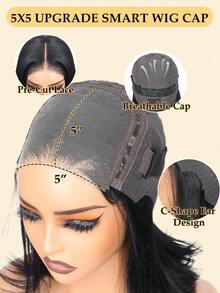 Yaki 直发短波波头假发，真人发，5x5，预处理，无胶假发，蕾丝前假发，真人发，预拔毛发际线，即戴即用，预剪裁，无胶真人发假发，180% 密度 - Natural Black - 查看 5