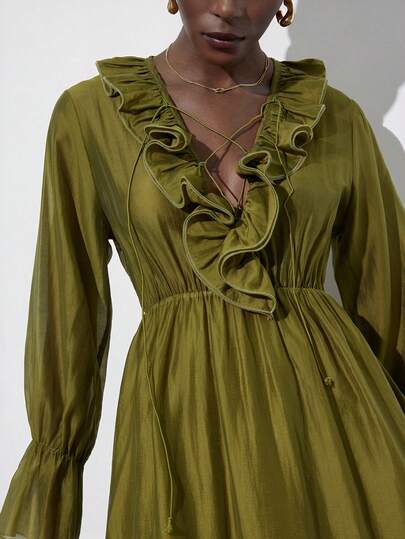 Aveloria Modichic 法式复古荷叶边V领长袖连衣裙，高端