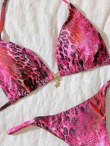Elavelle Bộ bikini gợi cảm cổ yếm in họa tiết ngẫu nhiên dành cho nữ, trang phục đi biển mùa hè. - Nhiều màu - Xem 5