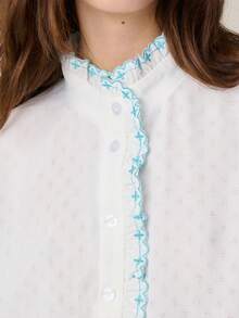 Nöista White Blouse, Long Puffed Sleeves, And Button-Down Front. Blue Ruffled Trim On The Collar, Front Placket, And Cuffs. Spring, Summer Women. - White - View 6