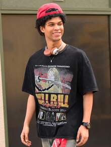 Open Phase 男士休闲做旧雪花印花复古T恤，春夏款，美式复古风，男女皆宜，宽松版型夏季服装——适合日常穿着和夏季度假穿着。 - 黑色 - 查看 7