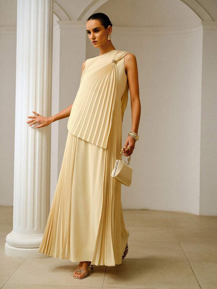 ZEYLAH Elegant Long Fitted Pleated Sleeveless Dress, Spring/Summer - Light Yellow - View 1