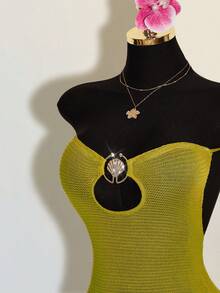 SHEIN ICON 女士金属贝壳链条无肩带荷叶边性感针织连衣裙 - 綠色 - 查看 4