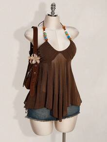 SHEIN ICON Áo nghỉ mát gợi cảm hở lưng cổ yếm lấp lánh dành cho nữ - màu nâu - Xem 3